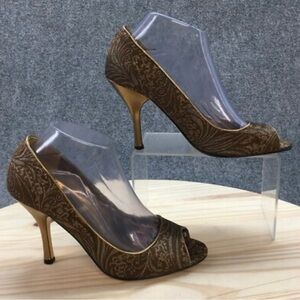 ENZO ANGIOLINI Brown/Gold Metallic Embossed Peep Toe Heels